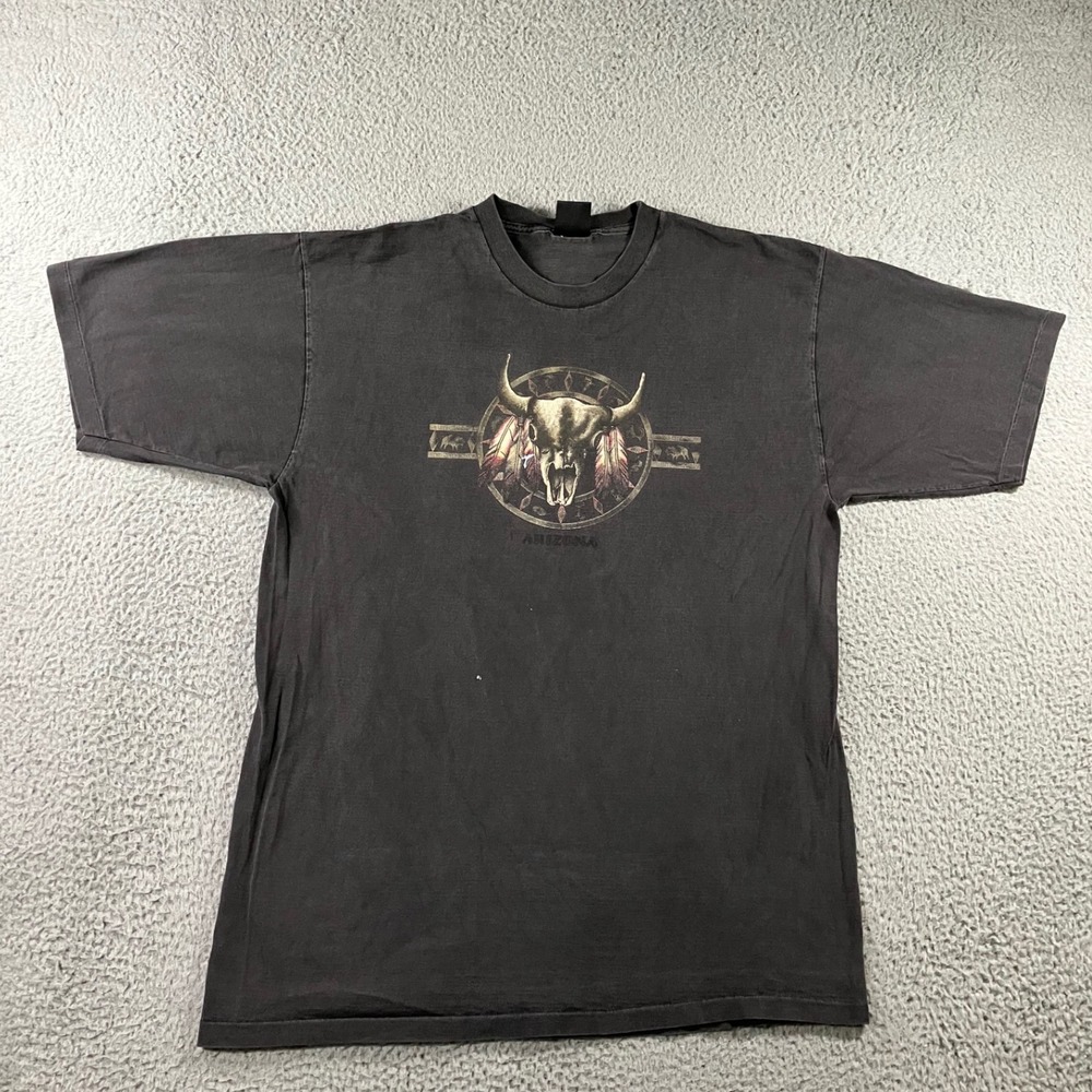 Vtg 90s Prairie Mountain Arizona Steer Skull Shirt XL Faded Black Desert Western